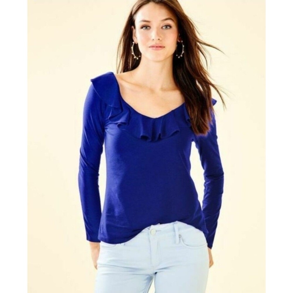Lilly Pulitzer Large Alessa Ruffle Long Sleeve Shirt Blue Preppy Nautical Small